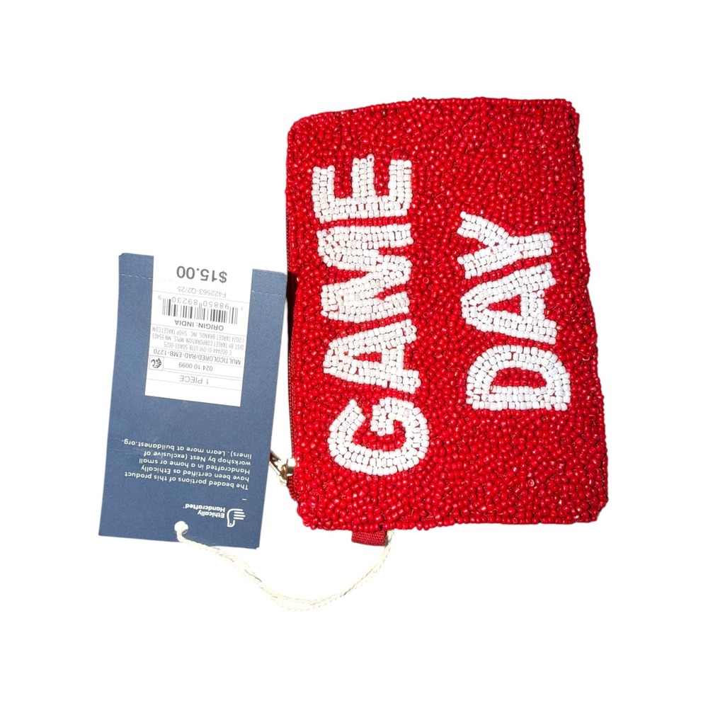 Target UNIVERSAL THREAD Game Day Beaded Coin Purse Red White Zip Pouch New NWT